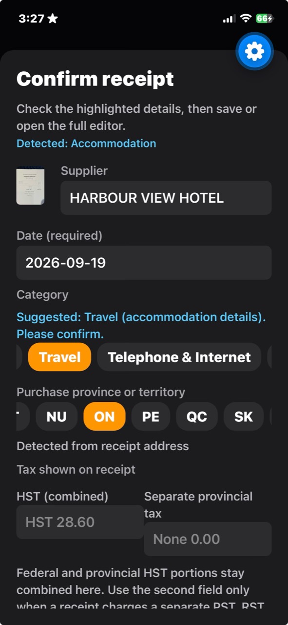 A test hotel receipt recognized as a travel expense